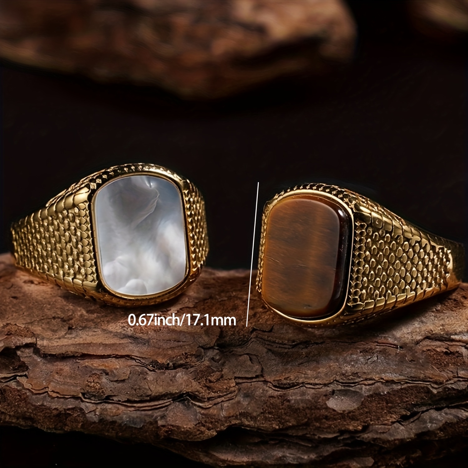 Vintage Stainless Steel Ring with Tiger'S Eye Stone Red Onyx Golden Plating